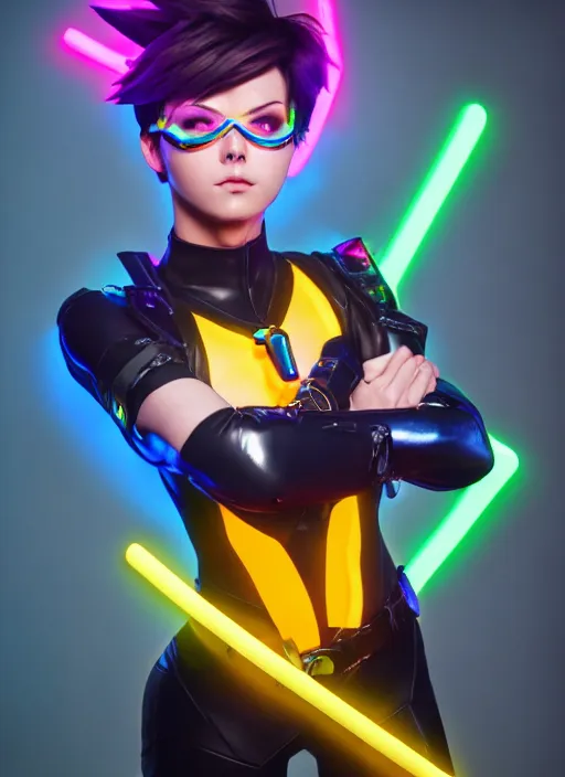 Image similar to full body overwatch style oil painting portrait of tracer overwatch, confident pose, wearing black jagged iridescent rainbow latex armor, rainbow, neon, 4 k, expressive surprised expression, makeup, wearing rainbow neon choker, studio lighting, black leather harness, expressive detailed face and eyes,