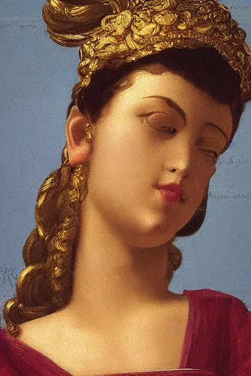 Image similar to Beautiful girl, calm face, closeup, ultra detailed, made in gold, Guido Reni style