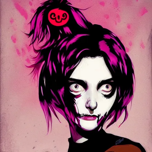 Image similar to Highly detailed portrait of pretty punk zombie young lady with, freckles and beautiful hair by Atey Ghailan, by Loish, by Bryan Lee O'Malley, by Cliff Chiang, inspired by image comics, inspired by graphic novel cover art, inspired by izombie, inspired by scott pilgrim !! Gradient orange, black and white color scheme ((grafitti tag brick wall background)), trending on artstation