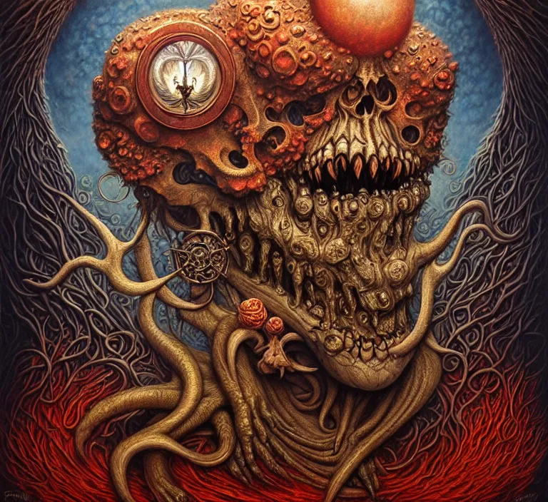 Image similar to A beautiful detailed grotesque monster super cute tarot card, by tomasz alen kopera and Justin Gerard, symmetrical features, ominous, magical realism, texture, intricate, ornate, royally decorated, skull, skeleton, whirling smoke, embers, red adornements, red torn fabric, radiant colors, fantasy, trending on artstation, volumetric lighting, micro details, 3d sculpture, ray tracing, 8k, anaglyph effect, digital art