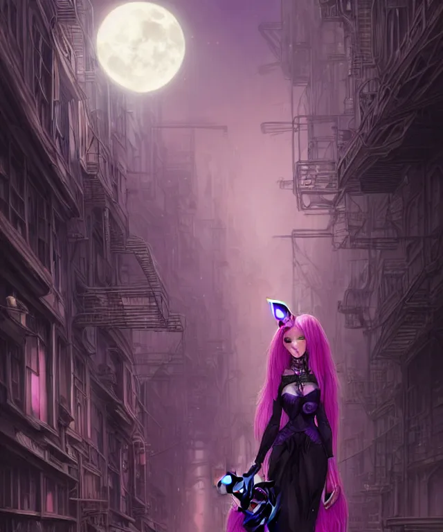 Image similar to anthropomorphic female Rabbit, eastern european origin, sci-fi, pink eyes, face, black and purple hair, fantasy, intricate, elegant, new york alleyway, moonlit, highly detailed, digital painting, artstation, concept art, smooth, sharp focus, illustration, art by artgerm and greg rutkowski and alphonse mucha