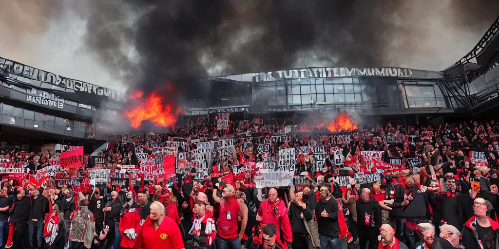 Image similar to old trafford theatre of dreams on fire during protest against the glazers, # glazersout, chaos, protest, banners, placards, burning, dark, ominous, pure evil, by stephen king, wide angle lens, 1 6 - 3 5 mm, symmetry, cinematic lighting