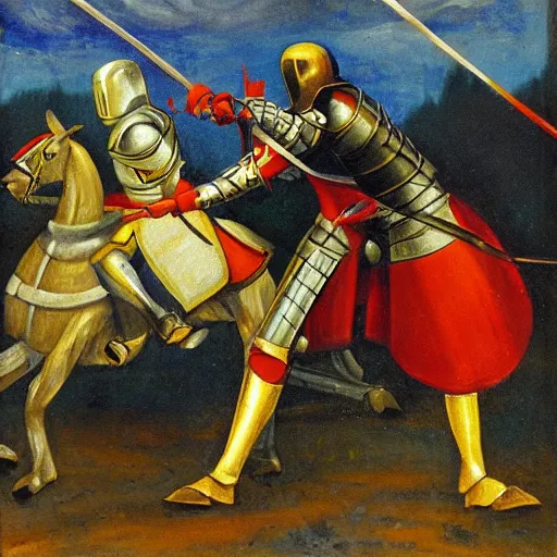 Prompt: two medieval knight dueling on the battlefield, oil painting