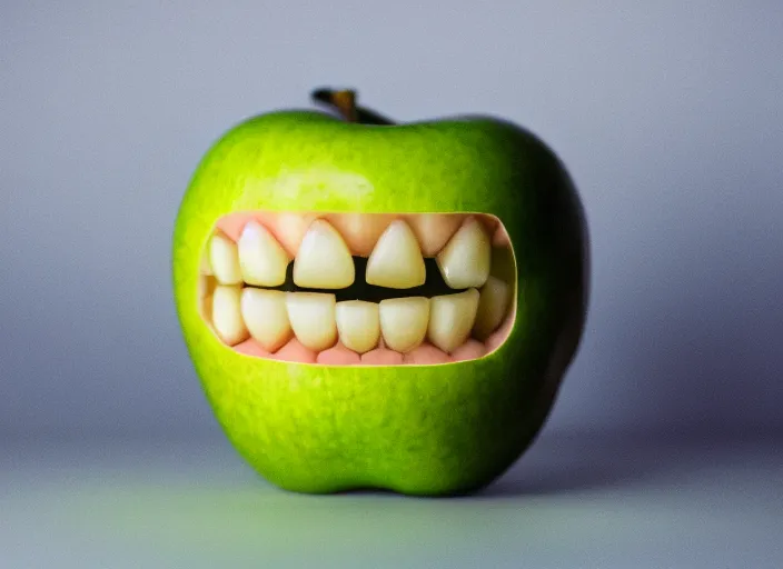 Image similar to photo still of an apple with human teeth, 8 k, studio lighting bright ambient lighting key light, 8 5 mm f 1. 8