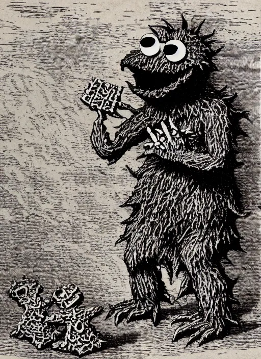 Prompt: cookie monster devours gingerbread men, demon from the dictionarre infernal, etching by louis le breton, 1 8 6 9, 1 2 0 0 dpi scan, ultrasharp detail, clean scan