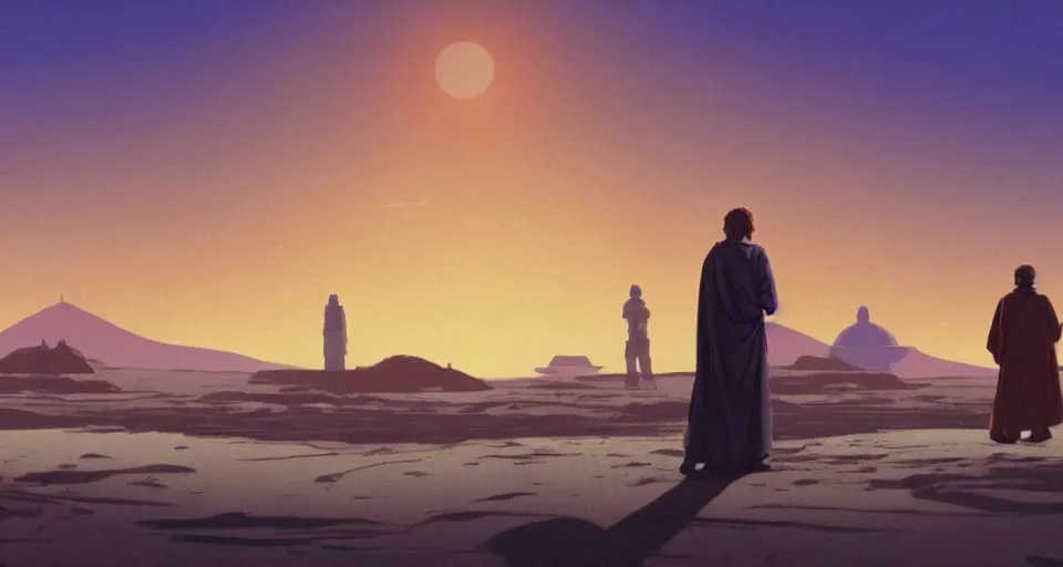 Image similar to beautiful wide shot tatooine landscape, obi wan kenobi, Luke skywalker, land-speeder, Star Wars a new hope 1977, studio ghibli, Miyazaki, Greg rutkowski, Jean girard, Moebius , animation, golden hour, highly detailed, hdr, vivid color, 70mm