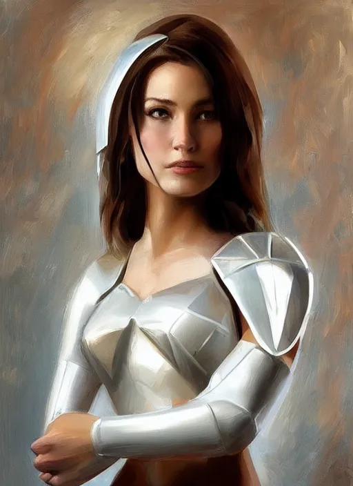 Image similar to stunning woman in a coffee shop wearing low poly, glossy white armor, by mark arian