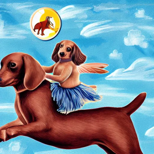 Prompt: sausage dog riding a griffon, through the clouds on a postage stamp, artistic rendering, 4 k high rez, abstract design, stary night sky