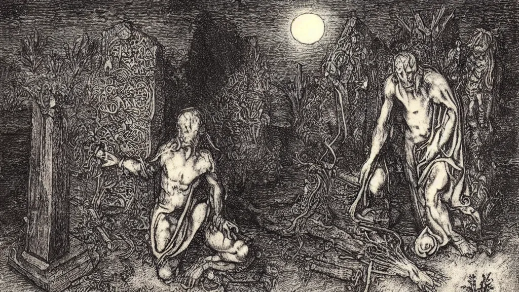 Prompt: a necromancer in a graveyard at night performing a spell to raise the dead by Albrecht Dürer