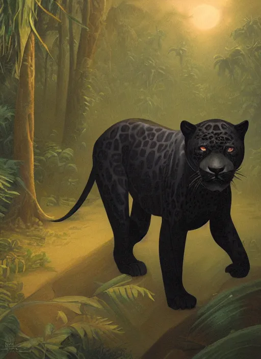 Image similar to a beautiful black jaguar walking in the jungle at night, art by christophe vacher