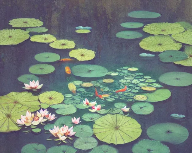 Image similar to koi pond, lotus flowers, dark blue water, green lily pads, goldfish, a fantasy digital painting by makoto shinkai and greg rutkowski, trending on artstation,