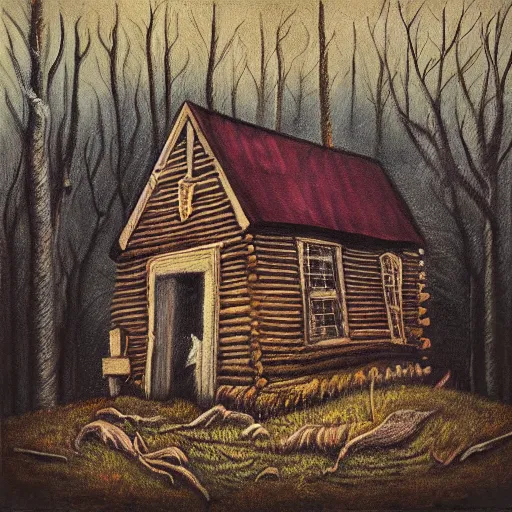 Prompt: a painting of a Eerie cabin in the middle of the woods in the style of a death metal album cover