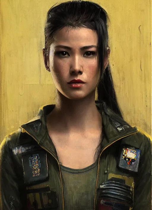 Prompt: Nikki tanaka. beautiful cyberpunk female USN marine wearing a military vest and brightly colored jumpsuit (cyberpunk 2077, bladerunner 2049). gorgeous face. Iranian orientalist portrait by john william waterhouse and Edwin Longsden Long and Theodore Ralli and Nasreddine Dinet, oil on canvas. Cinematic, hyper realism, realistic proportions, dramatic lighting, high detail 4k