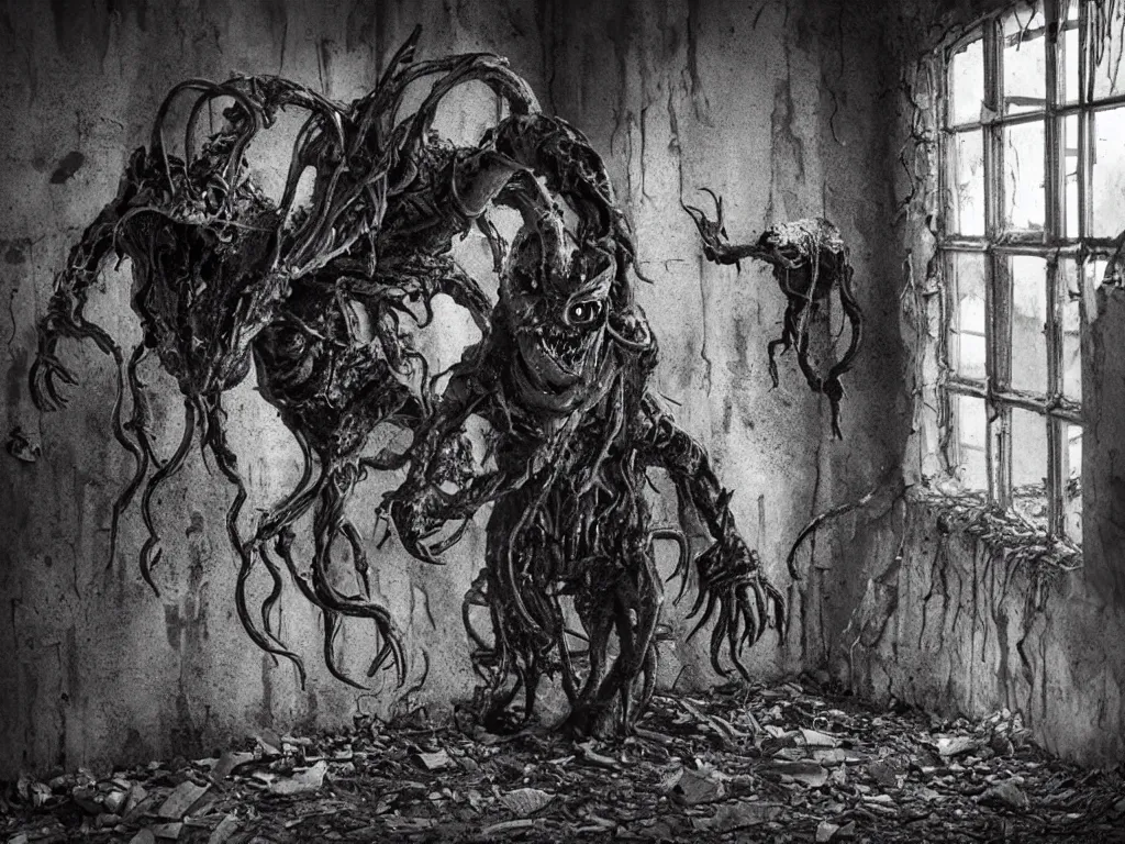 Image similar to mutant hunchback creature lurking in the corner of a room in an abandoned building, dirty windows, debris, tentacle beast, dust, bleak apocalyptic style, creepypasta, ominous vibe, sharp fangs