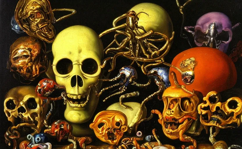 Image similar to disturbing colorful oil painting dutch golden age vanitas still life with bizarre recursive humanoid faces strange objects shiny gooey surfaces shiny metal bizarre insects rachel ruysch dali todd schorr very detailed perfect composition rule of thirds masterpiece canon 5 0 mm, cinematic lighting, chiaroscuro