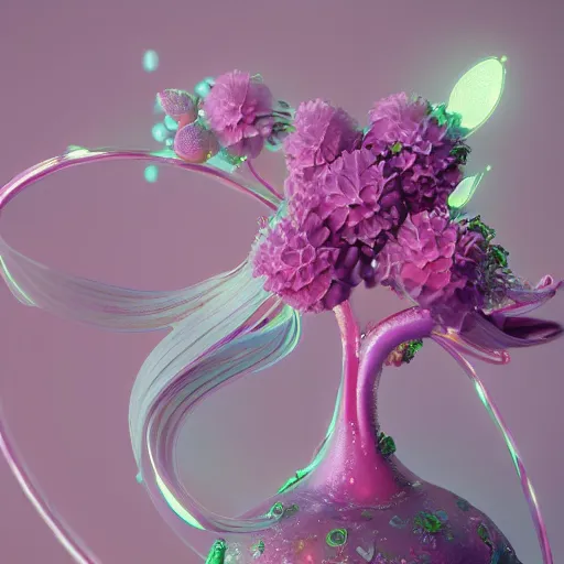 Image similar to a beautiful amazing art of flora addict out of curl noise splines by tom Haugomat, Serena Malyon, Maxim Shirkov, Alex Pogrebniak and Robin Gundersen, Trending on artstation, featured on Behance, Vision of chaos, octane render.:1