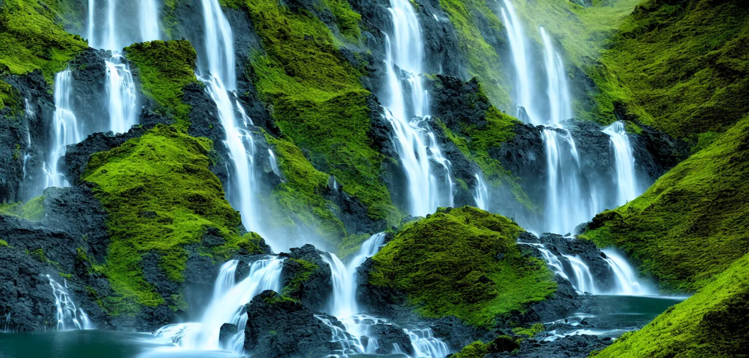 Image similar to a waterfall in the middle of a mountain range, a detailed matte painting by hallsteinn sigurðsson, shutterstock contest winner, naturalism, uhd image, creative commons attribution, photo taken with ektachrome