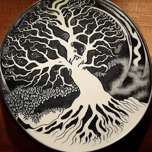 Image similar to tree of life, yggdrasil, latte art, moody lighting, by katsushika hokusai, by laurie lipton