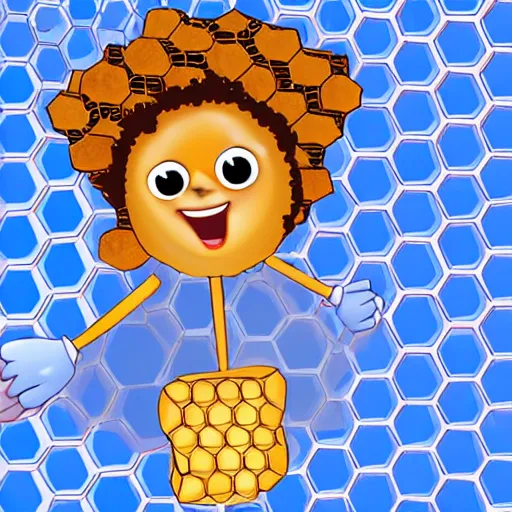 Image similar to fun cartoon honey bee with an afro inside of a honeycomb dripping with honey