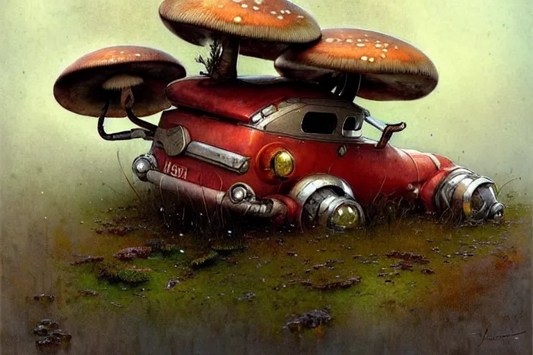 Image similar to adventurer ( ( ( ( ( 1 9 5 0 s retro future robot mouse amphibious vehical home. muted colors. swamp mushrooms ) ) ) ) ) by jean baptiste monge!!!!!!!!!!!!!!!!!!!!!!!!! chrome red