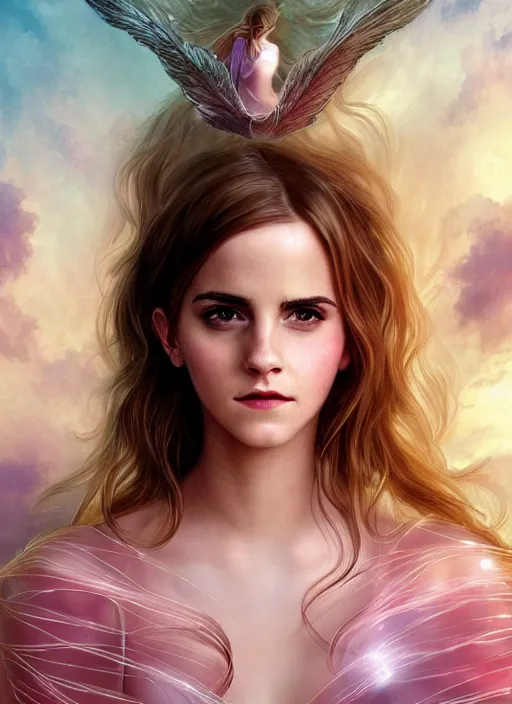 Image similar to emma watson as nature magic celestial, long hair, pink and transparent cloth, space, D&D, shiny background, intricate, elegant, highly detailed, digital painting, artstation, concept art, smooth, sharp focus, illustration, artgerm, bouguereau