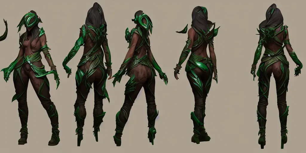 Image similar to character sheet of elderwood akali ( league of legends ). hyperreal 3 d octane render 8 k