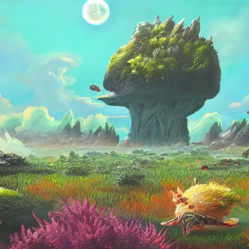 Image similar to a beautiful alien planet with plants and animals. Oil painting in the style of Miyazaki.