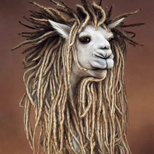 Image similar to llama with dreadlocks, ancient, by mandy jurgens, ernst haeckel, james jean