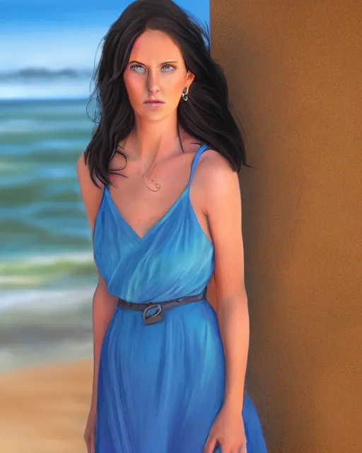 Prompt: a stunning portrait of a beautiful woman. she has really really long brown hair and blue eyes. she's wearing a blue sundress. the beach in the background. digital art by julie bell, medium shot portrait, highly detailed, trending on artstationhq, octane render