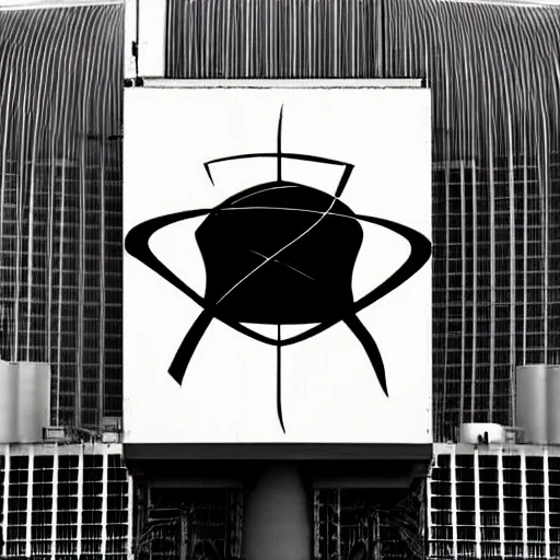 Prompt: A power plant cooling tower with an atom logo, in the style of Charley Harper