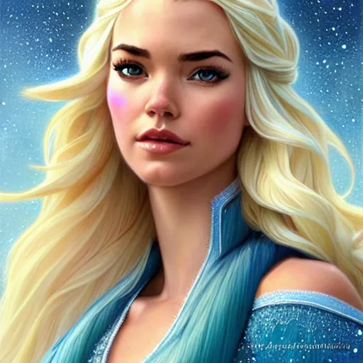 Prompt: Odette Annable with blonde hair as Elsa from Frozen, western, D&D, fantasy, intricate, elegant, highly detailed, digital painting, artstation, concept art, matte, sharp focus, illustration, art by Artgerm and Greg Rutkowski and Alphonse Mucha