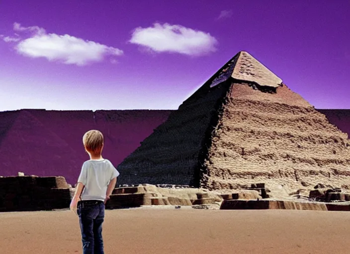 Image similar to landscape, steve jobs and a boy with purple hair in front of the pyramids, hyperrealism, intricate, 8 k, high detail