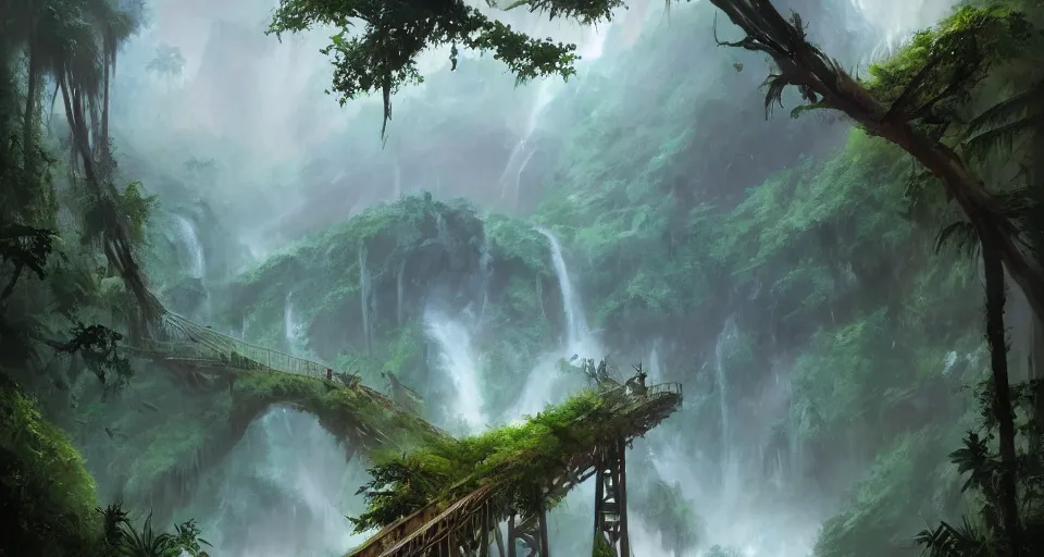 Prompt: a dense jungle, ( trees ), bridge, waterfalls, concept art, canvas, heavy thunderstorm, fog, majestic mountains, by rhads and eytan zana and raphael lacoste