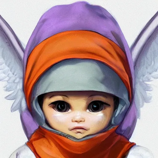 Image similar to baby Angel, baby cherub,wearing angel halo, ski mask, balaclava, face covered, wearing angel halo covered face, orange hoodie, hip hop, multiple golden necklaces, fantasy art apex fortnite Video game icon, 2d game art gta5 cover , official fanart behance hd artstation by Jesper Ejsing, by RHADS, Makoto Shinkai and Lois van baarle, ilya kuvshinov, rossdraws