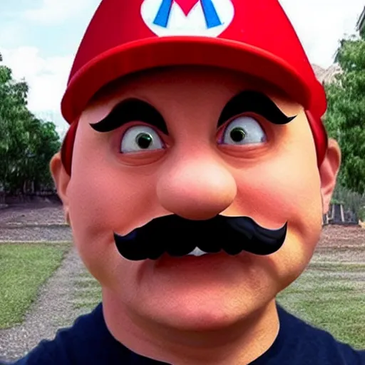 Prompt: mario real world facial reconstruction played by actor not cgi