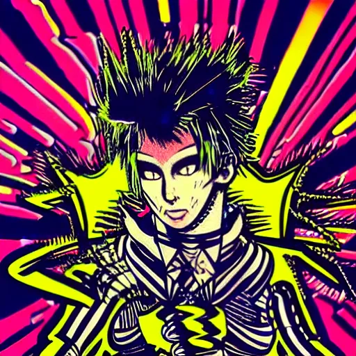 Prompt: pop art of a punk at a japanese metal concert in a cyberpunk world, bright neon colors, intricate details, complementary colors, detailed face, backlighting, octane render, depth of field, extremely detailed, trending in artstation, focus on face, sharp focus, radiant light, beautiful composition, drawn by roy lichtenstein, keith haring, romero britto
