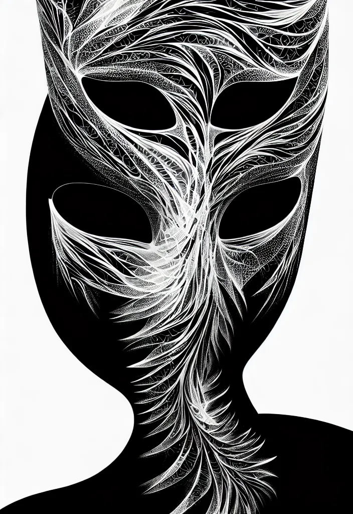 Image similar to young beautiful woman with a face covering fractal, mandelbulb mask. speed painting, scribble art. black and white, black on black. intricate, elegant, super highly detailed, professional digital painting, smooth, 8k, 3D, beautiful, cinematic. art deco, futurism, 3D, Unreal Engine, photorealistic.