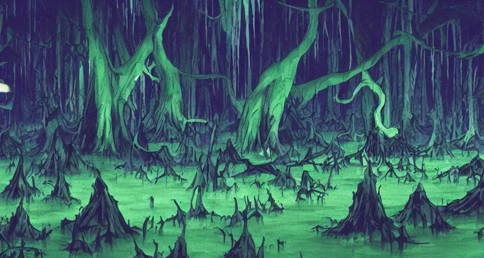 Image similar to A dense and dark enchanted forest with a swamp, from Evangelion