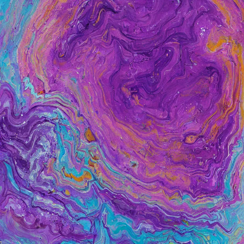 Image similar to abstract multiple layers of purple and blue shades paint dripping and running in multiple circular patterns, oil on canvas, detailed