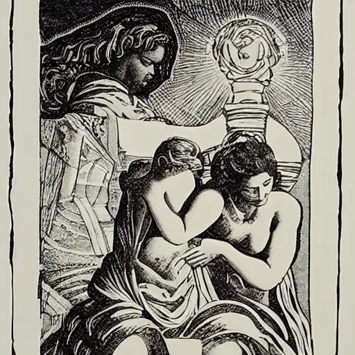 Image similar to Greek mythology pandora opening her box, block print, chiaroscuro, very beautiful, award-winning