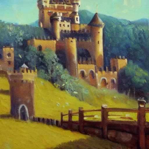 Prompt: castle made of beef chebureki oil painting