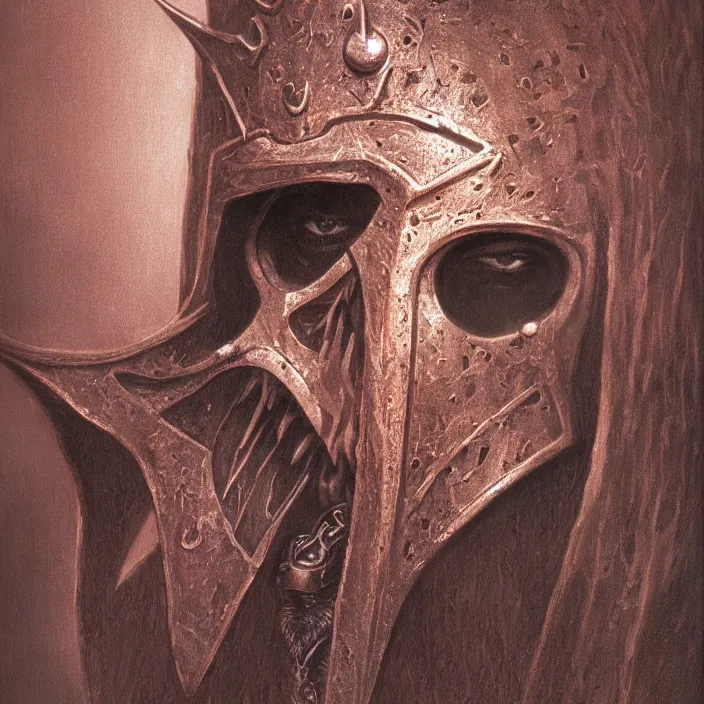 Image similar to portrait of the witch king of angmar, in copper armor, front profile head and chest only, by beksinski, 4 k, deviantart, trending on artstation