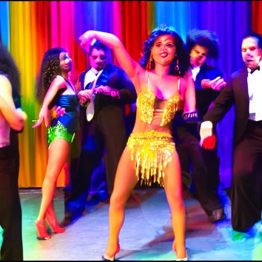 Prompt: latin dance band in the style of natalia agatte and jennifer dahbura and derek abella. lively. colorful. hd.