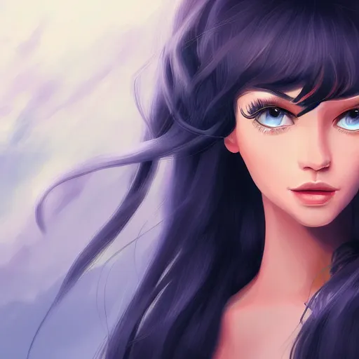Prompt: portrait of a majestic princess with long black hair and blue eyes, digital art, 4k, artstation