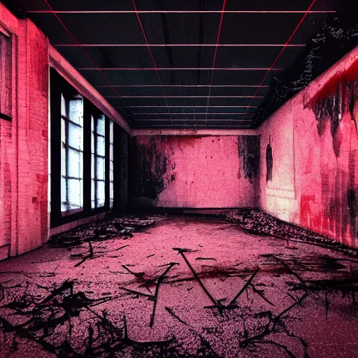 Image similar to cctv of an extremely dark empty abandoned building with glowing humanoid cryptid made out of television static, dark deep black shadows, red and black color contrast in the style of trevor henderson, liminal space, 3 d octane render, glitch effect