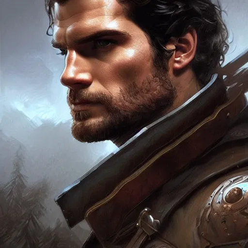 Image similar to Henry Cavill is a rugged ranger, D&D, muscular, fantasy, intricate, elegant, highly detailed, digital painting, artstation, concept art, smooth, sharp focus, illustration, art by artgerm and greg rutkowski and alphonse mucha