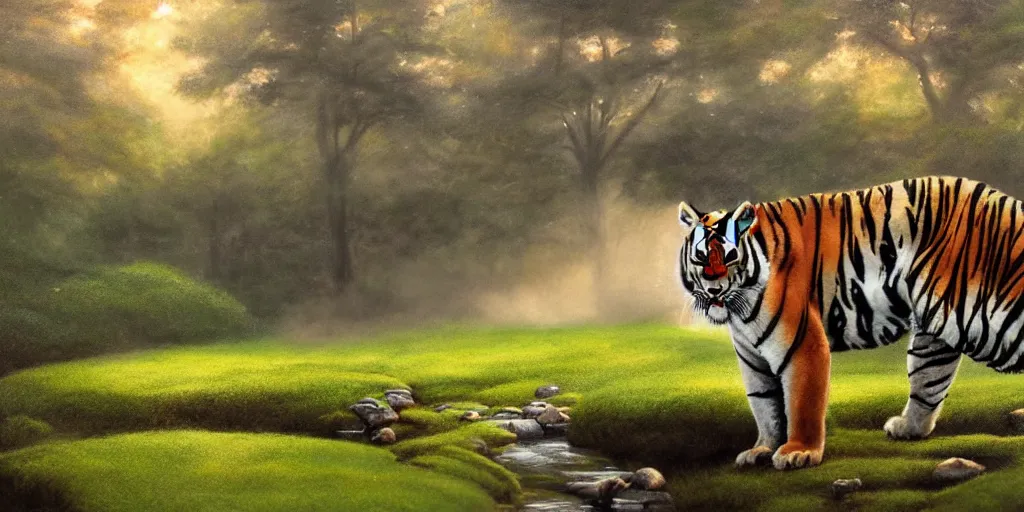 Image similar to a tiger in a Japanese garden, mist, cinematic lighting, detailed oil painting, hyperrealistic, 8k