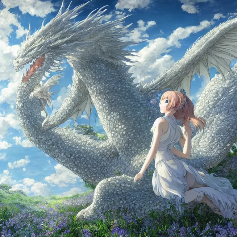 Image similar to the beautiful hyper detailed scene render that a lonely beautiful girl lies in the arms of a huge silver white dragon alone in fairyland surrounded by white clouds, finely detailed angelic face delicate features, style of studio ghibli, makoto shinkai, raphael lacoste, louis comfort tiffany, artgerm, james jean, ross tran, animation style, hd, ultra wide angle