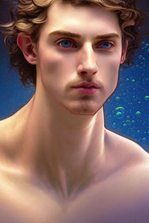 Image similar to bust of a man , strong boy, gradient rainbow, dreamy and ethereal, blue eyes, golden ratio, peaceful expression, ornate frilly dress, fantasy, intricate, elegant, rainbow bubbles, highly detailed, digital painting, artstation, concept art, smooth,b sharp focus, illustration, art by artgerm and greg rutkowski and alphonse mucha