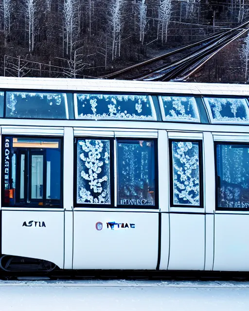 Prompt: tatra t 3 tram czech republic, side view, ice patterns on windows, winter, frost, around the city, evening, snow